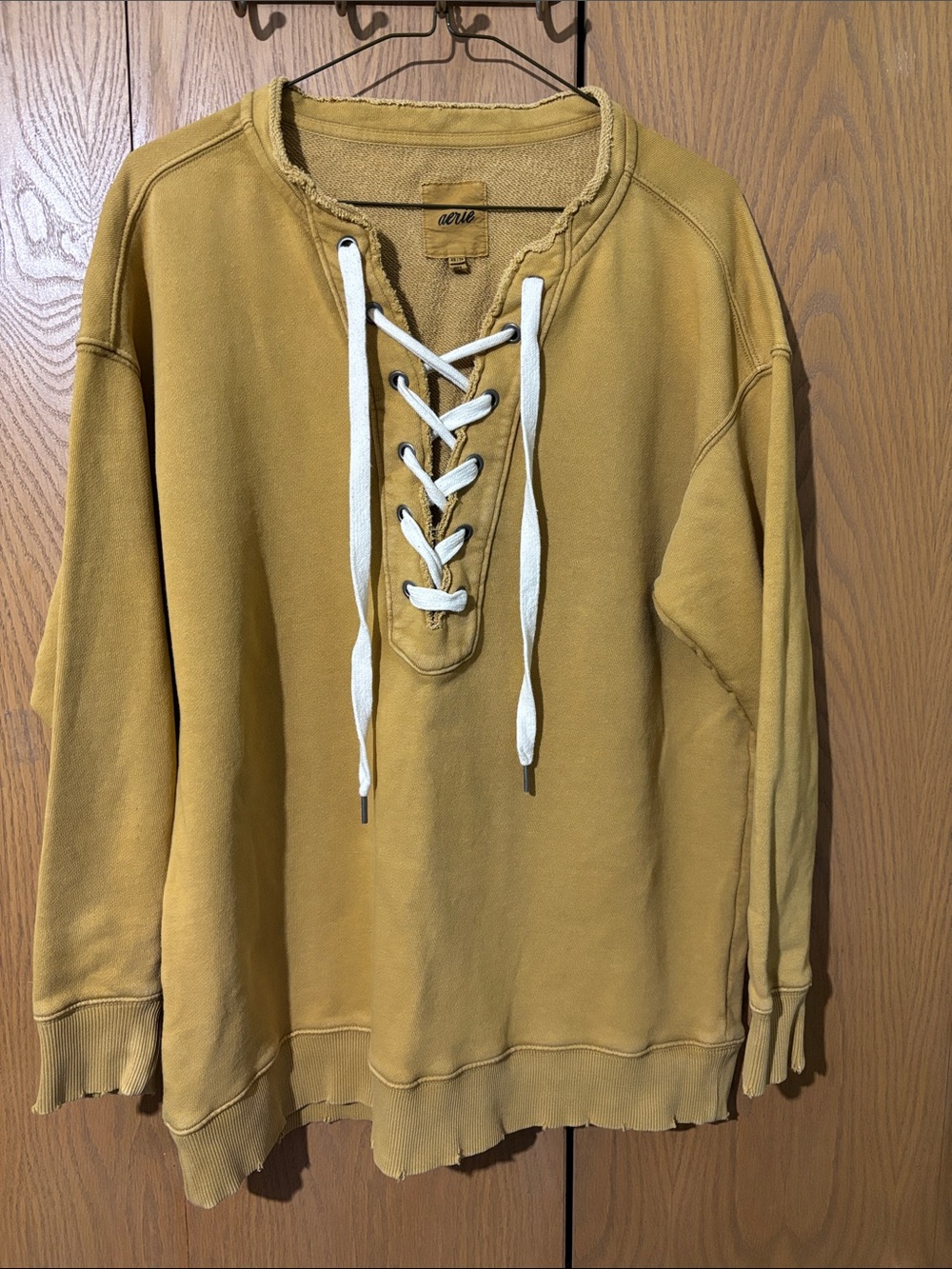 aerie Lace-Up Crewneck Sweatshirt in Mustard Yellow distressed oversized XS